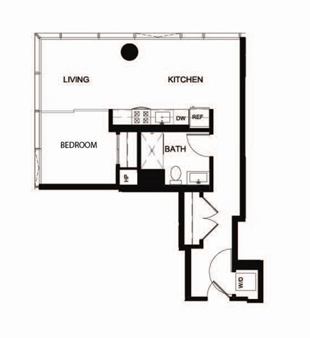 a floor plan of a small house with a bedroom and a kitchen